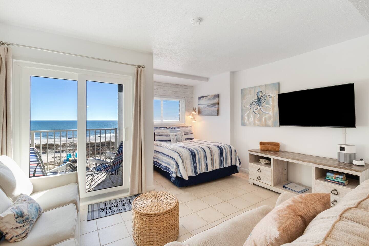 The Seaside Suite, a beachfront studio balcony over the Gulf in Fort Morgan